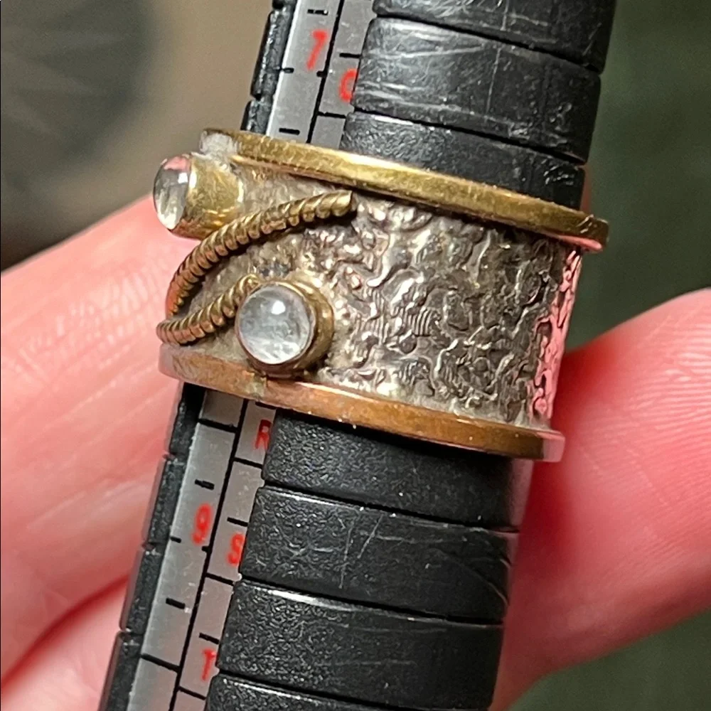 Artisan Moonstone Sterling Silver Cooper Brass Textured Wide Cigar Band Ring